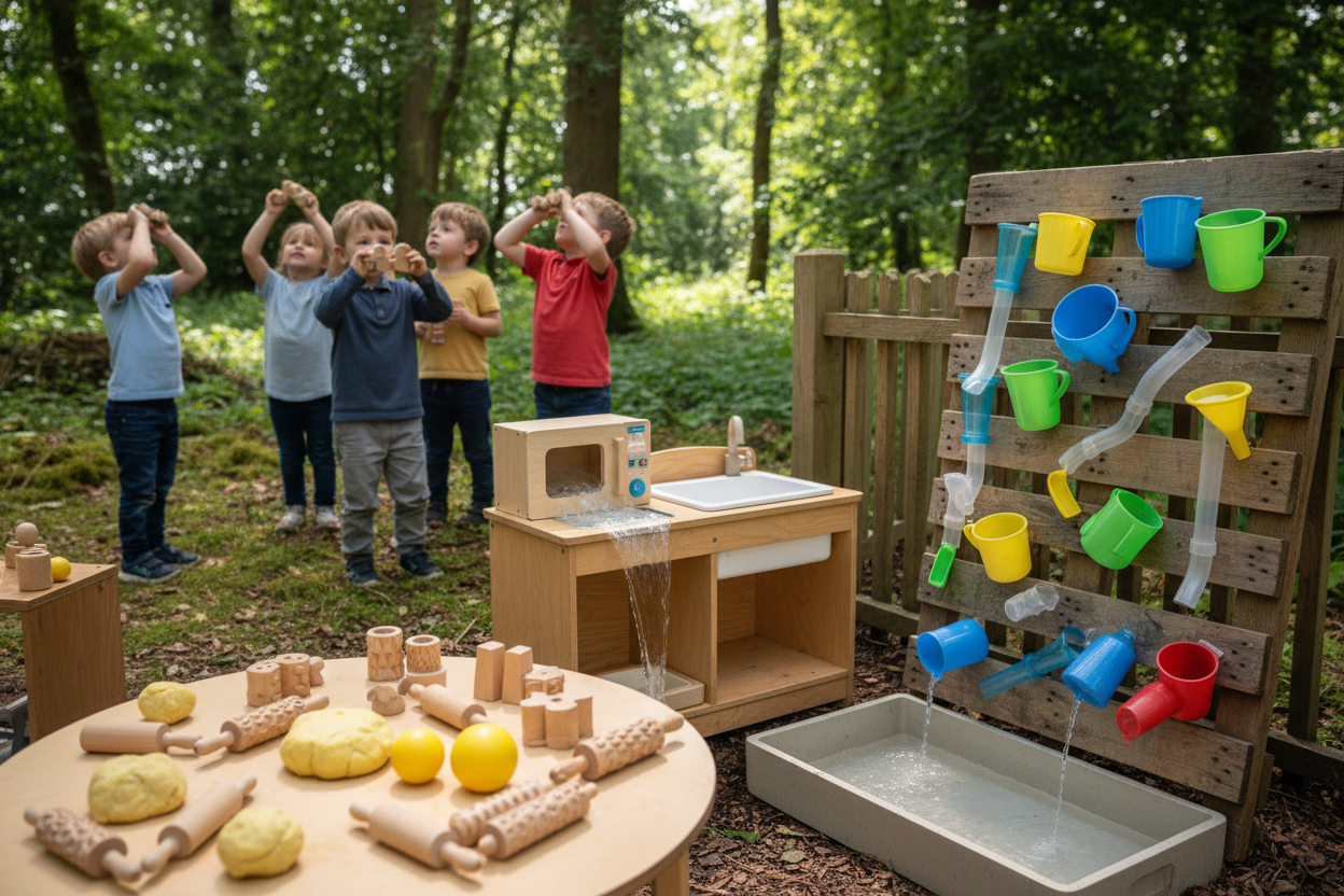 A children's outdoor play scene in a wooded area with several young children standing behind a wooden water play setup. The scene includes a wooden water tower - we sell tickit items to build this, colorful plastic cups and funnels mounted on a pallet-style board.  The children are looking through yellow door wooden shape viewers and on the table is playdough with lemons and some Let's roll  forest play stones.